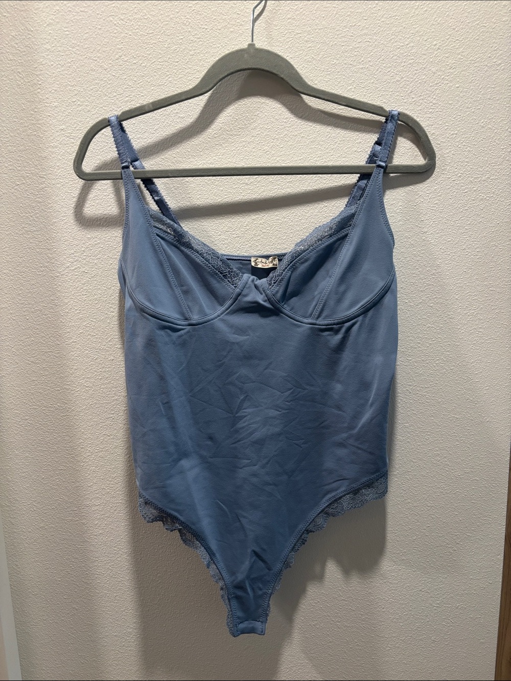 Free People Dusty Blue Lace-Trim Bodysuit